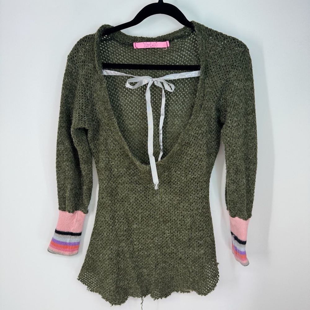 VORTEX Vintage Crochet Long Sleeve Knit Cuff Low Cut Full Length Top